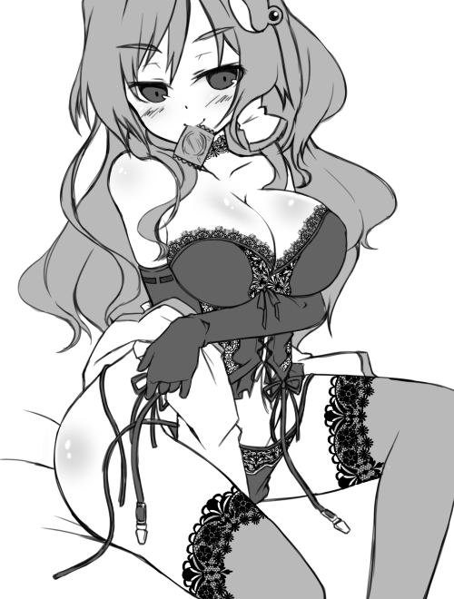 bare_shoulders blush breasts choker cleavage condom condom_in_mouth condom_wrapper corset elbow_gloves gin_(shioyude) gloves greyscale kochiya_sanae lace lace-trimmed_thighhighs large_breasts long_hair monochrome mouth_hold panties side-tie_panties sitting smile solo thighhighs touhou underwear underwear_only untied