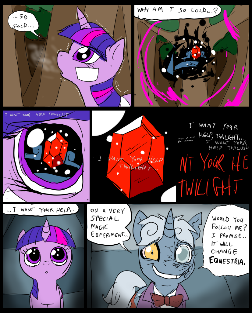 bandage blind_eye bow_tie broken burnt_face comic crown crystal cub cutie_mark dialog duo english_text equine female feral friendship_is_magic fur gem hair horn horse jewel leaves mad_scientist magic mammal metal_(artist) multi-colored_hair my_little_pony pony purple_eyes purple_fur purple_hair speech_bubbles suit text tree twilight_sparkle_(mlp) two_tone_hair unicorn white_hair yellow_eyes young