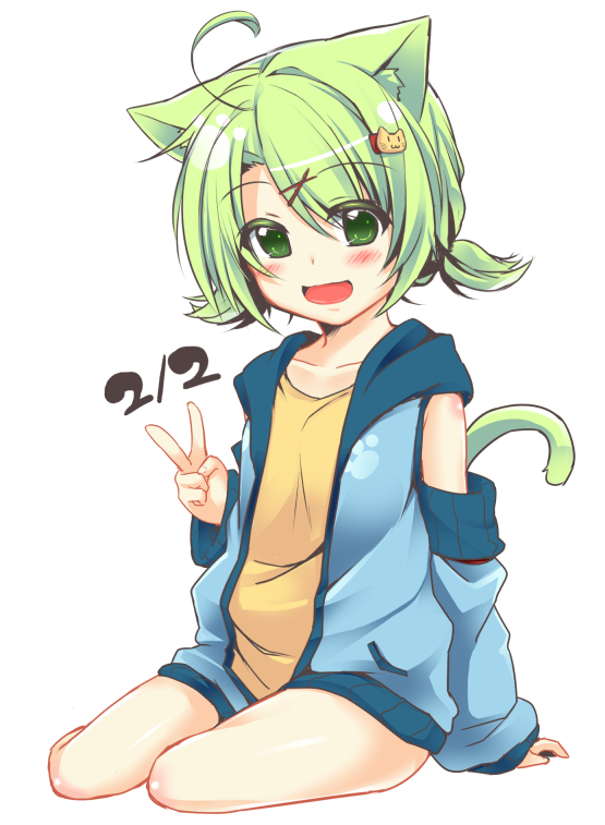 :d ahoge alternate_hairstyle animal_ears blush cat_ears cat_hair_ornament cat_tail dated detached_sleeves dodome-iro_mayonnaise flat_chest green_eyes green_hair hair_ornament hairclip hood hood_down hoodie open_clothes open_hoodie open_mouth original sharon_(dodomayo) short_hair short_twintails simple_background sleeveless sleeveless_hoodie smile solo tail twintails v white_background