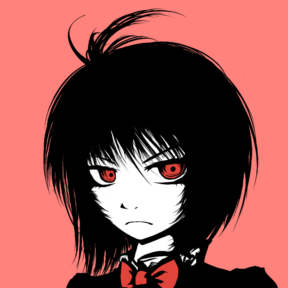 ahoge black_hair bow bowtie frown houjuu_nue red_eyes simple_background solo touhou vyrien