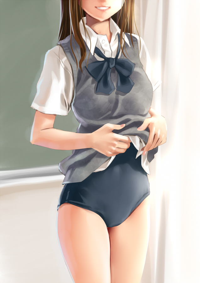 brown_hair chalkboard dress_shirt head_out_of_frame katahira_masashi long_hair looking_at_viewer one-piece_swimsuit original school_swimsuit school_uniform shirt short_sleeves smile solo sweater_vest swimsuit swimsuit_under_clothes