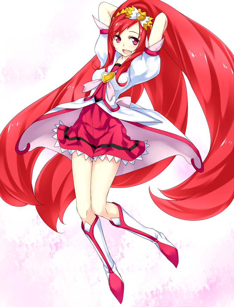 :d arms_behind_head bad_id bad_pixiv_id blush boots cure_ace dokidoki!_precure keikotsu knee_boots long_hair madoka_aguri open_mouth precure red_eyes red_skirt skirt smile solo