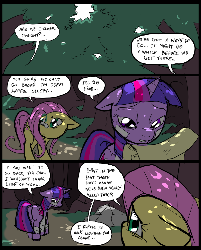 bandage comic cutie_mark dialog duo english_text equine female feral fluttershy_(mlp) forest friendship_is_magic fur grass green_eyes hair hat horn horse mammal mane metal_(artist) multi-colored_hair my_little_pony outside paper pegasus pink_hair pony purple_eyes purple_fur purple_hair rock speech_bubbles text tree twilight_sparkle_(mlp) two_tone_hair unicorn wings yellow_fur