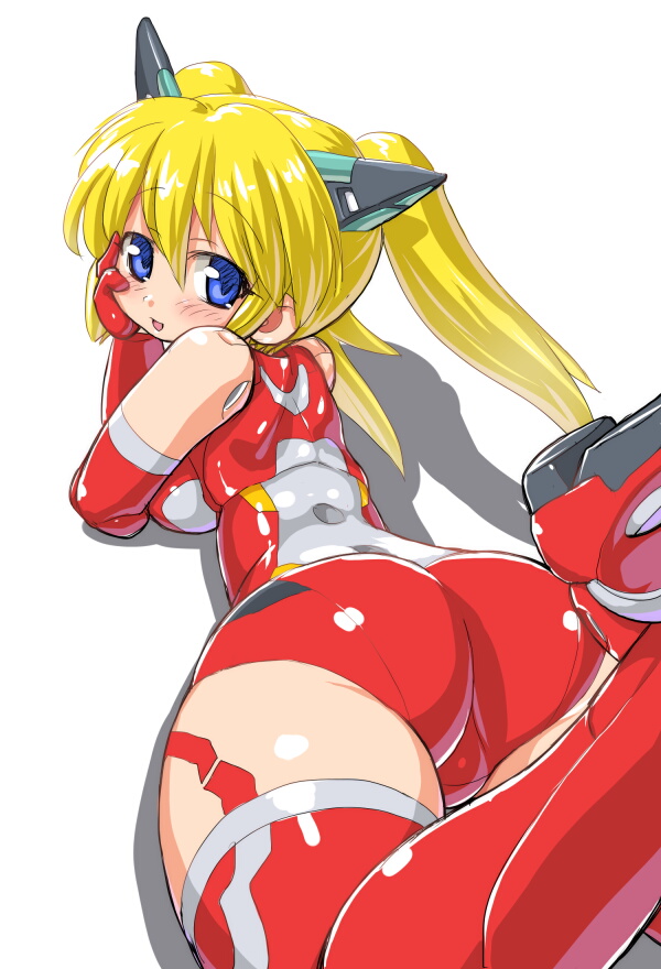 :d ass bangs bare_shoulders blonde_hair blue_eyes blush breasts busou_shinki chin_rest dd_(ijigendd) doll_joints elbow_gloves foreshortening from_behind gloves hair_between_eyes hair_ornament hand_on_own_face hips legs_up leotard lirbiete long_hair looking_at_viewer looking_back lying medium_breasts on_stomach open_mouth red_gloves red_legwear red_leotard shadow simple_background smile solo thighhighs thighs twintails white_background