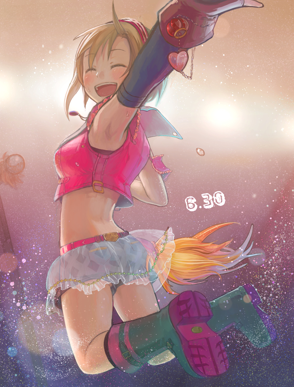 :d ^_^ blonde_hair blush boots closed_eyes crop_top crop_top_overhang hairband heart highres idolmaster idolmaster_cinderella_girls jewelry jumping looking_back machi-z midriff open_mouth pendant rubber_boots see-through short_hair shorts sleeveless smile solo tada_riina