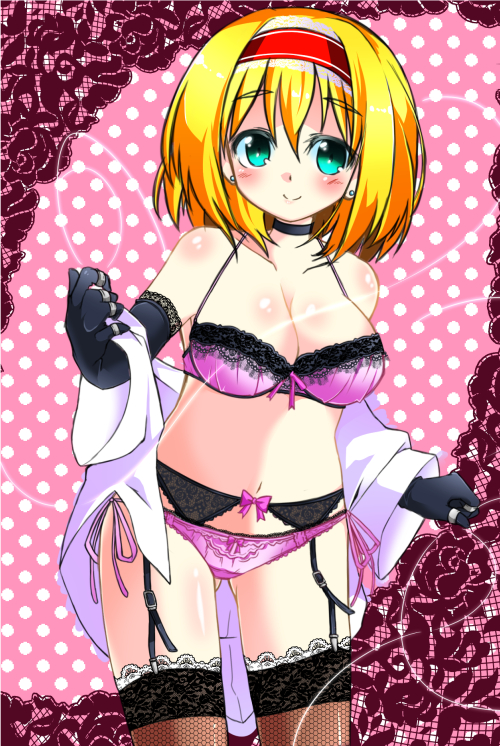 alice_margatroid bare_shoulders black_gloves black_legwear blonde_hair blush bow bow_panties bra breasts choker cleavage earrings elbow_gloves garter_belt gin_(shioyude) gloves green_eyes hairband jewelry lace lace-trimmed_bra lace-trimmed_thighhighs large_breasts lingerie navel panties pink_bra pink_panties side-tie_panties smile solo thighhighs touhou underwear underwear_only