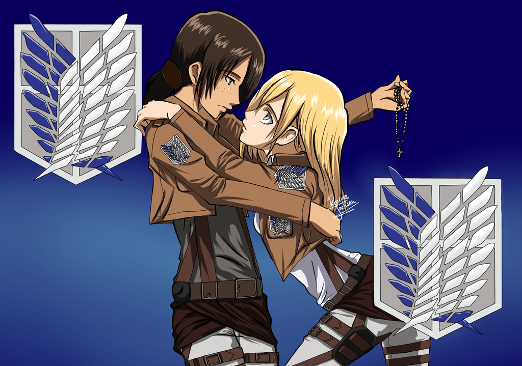 anime_coloring artist_name belt blonde_hair blue_background brown_hair christa_renz cross cross_necklace emblem eye_contact freckles from_side gradient gradient_background hug jacket jewelry looking_at_another miko_embrace multiple_girls necklace official_style paradis_military_uniform parody pearl_necklace rowena_jackson shingeki_no_kyojin signature survey_corps_(emblem) three-dimensional_maneuver_gear ymir_(shingeki_no_kyojin) yuri