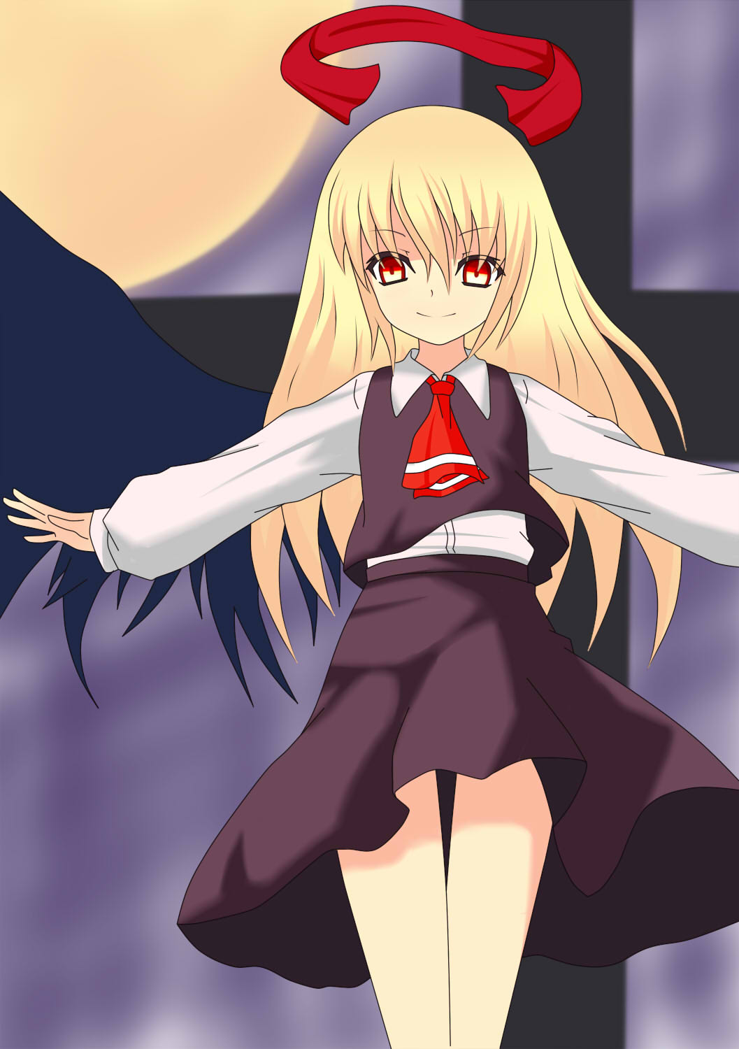 alternate_hair_length alternate_hairstyle ascot blonde_hair cross ex-rumia full_moon grey_background highres long_hair long_sleeves looking_at_viewer moon outstretched_arms red_eyes reneun ribbon rumia skirt skirt_set smile solo spread_arms touhou wings