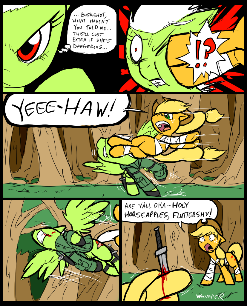 applejack_(mlp) bandage blonde_hair blood clothing comic cowboy_hat crown cutie_mark dialog english_text equine female feral fight fluttershy_(mlp) forest freckles friendship_is_magic fur grass green_eyes green_fur hair hat horn horse kick knife leaves mammal metal_(artist) my_little_pony orange_fur original_character pegasus pony red_eyes speech_bubbles text tree twilight_sparkle_(mlp) white_hair wings yellow_fur