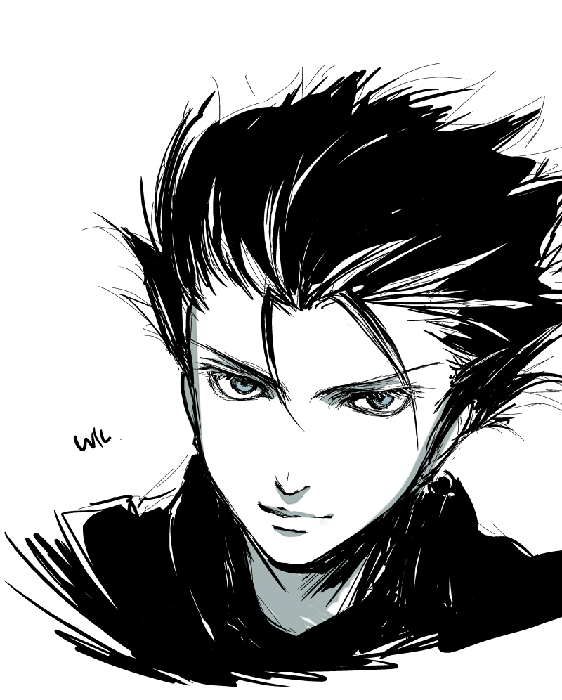 black_hair blue_eyes character_name close-up male_focus monochrome mouri vocaloid wil_(vocaloid) zola_project