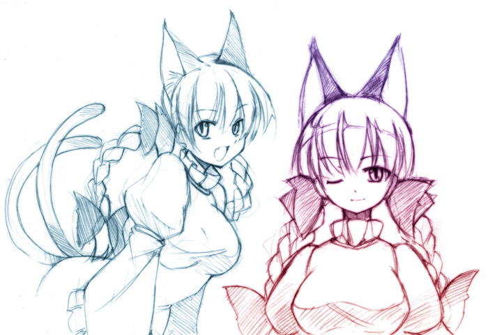 animal_ears braid cat_ears cat_tail extra_ears kaenbyou_rin long_hair looking_at_viewer multiple_monochrome multiple_tails one_eye_closed open_mouth seo_tatsuya simple_background smile tail touhou twin_braids twintails white_background