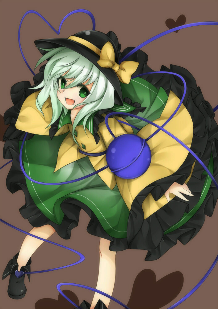 ankle_boots aqua_hair blouse boots brown_background eyelashes green_eyes hair_between_eyes hat hat_ribbon heart heart_of_string komeiji_koishi leaning_forward looking_at_viewer mymei no_socks open_mouth ribbon short_hair skirt smile solo third_eye touhou