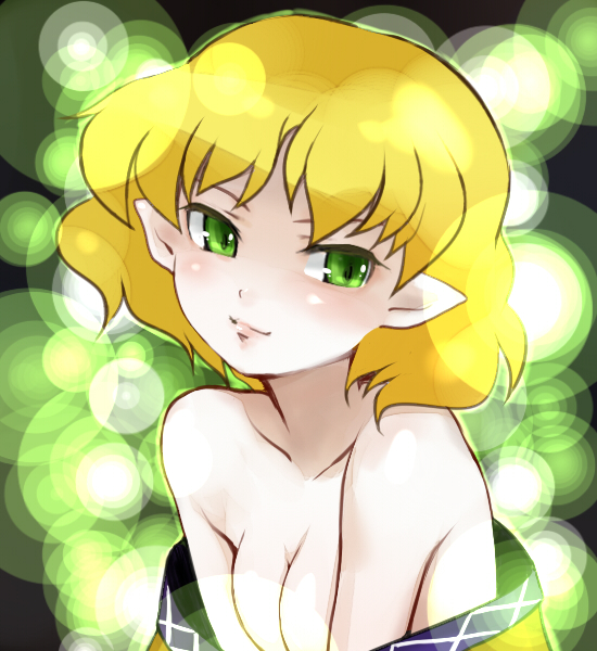 aobe bad_id bad_pixiv_id bare_shoulders blonde_hair breasts cleavage green_eyes lips medium_breasts mizuhashi_parsee off_shoulder pointy_ears short_hair smile solo touhou