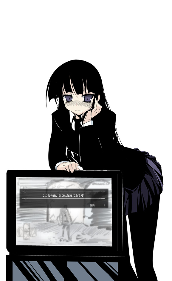 akahito bad_id bad_pixiv_id bangs bent_over blunt_bangs chin_rest demon's_souls female_protagonist_(houkago_play) greyscale houkago_play leaning leaning_forward long_hair monochrome necktie pantyhose school_uniform skirt slayer_of_demons solo souls_(from_software) television very_long_hair