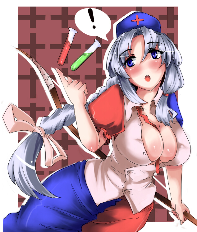 1girl blouse blue_eyes blush bow_(weapon) breasts bursting_breasts cleavage covered_nipples hair_ribbon hat large_breasts long_hair no_nose nurse_cap ribbon silver_hair solo spoken_exclamation_mark test_tube touhou umakatsuhai unbuttoned weapon yagokoro_eirin