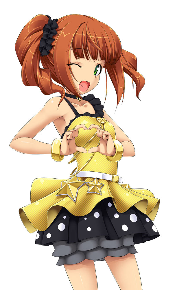 bare_shoulders brown_hair green_eyes heart heart_hands idolmaster idolmaster_(classic) idolmaster_live_for_you! live_for_venus one_eye_closed open_mouth short_hair skirt solo takatsuki_yayoi takayaki twintails