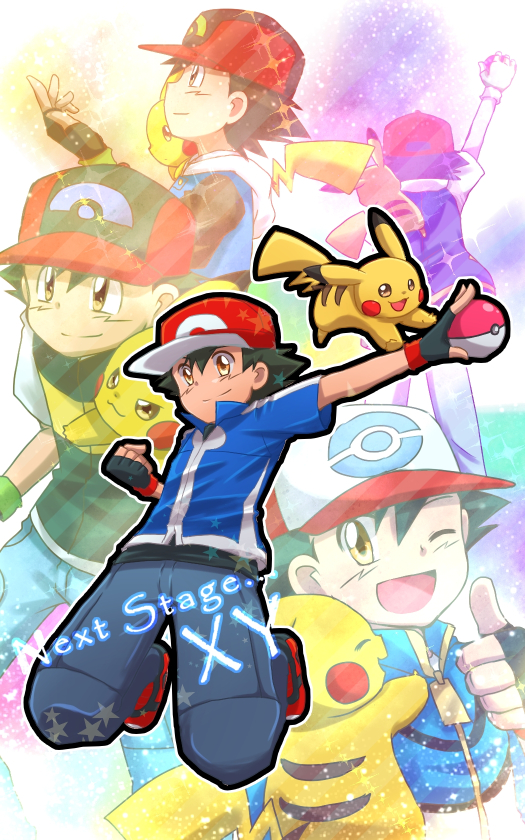 1boy :3 :d artist_request baseball_cap black_gloves black_hair black_hat black_jacket black_shirt blue_jacket blue_jeans brown_eyes denim english fingerless_gloves from_behind gloves green_gloves happy hat holding holding_poke_ball hood hoodie jacket jeans jumping male male_focus multiple_persona open_mouth pants pikachu poke_ball pokemon pokemon_(anime) pose posing raipi_(artist) red_hat red_shoes satoshi_(pokemon) shirt shoes short_sleeves smile standing text thumbs_up white_hat wink zipper