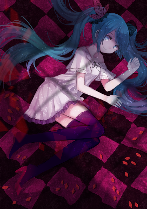 aqua_eyes aqua_hair bad_id bad_pixiv_id checkered checkered_background cuivre dress hatsune_miku high_heels long_hair looking_at_viewer lying on_side petals shoes single_shoe smile solo thighhighs twintails very_long_hair vocaloid world_is_mine_(vocaloid)