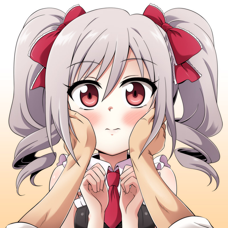 3: blush bow drill_hair frills hair_bow hands hands_on_another's_cheeks hands_on_another's_face idolmaster idolmaster_cinderella_girls kanzaki_ranko necktie red_eyes silver_hair sleeveless twintails uraichishi