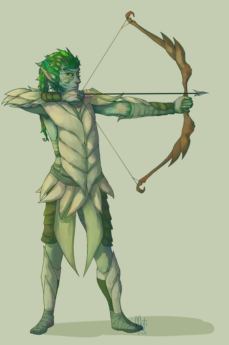 armor arrow bow_(weapon) clothing elf flora_fauna green_hair green_skin hair leaves long_hair male mutisija plant pointy_ears ranged_weapon solo standing weapon yellow_eyes