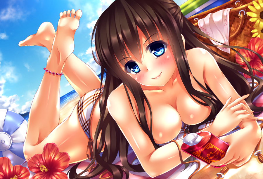 anklet arm_support bad_anatomy bad_id bad_pixiv_id ball barefoot beach beachball bikini blue_eyes blush bottle breasts brown_hair cleavage day dutch_angle flower hibiscus jewelry looking_at_viewer lotion lying medium_breasts on_stomach original plaid shiny shiny_skin solo sunscreen swimsuit yasuno_(airy_light)