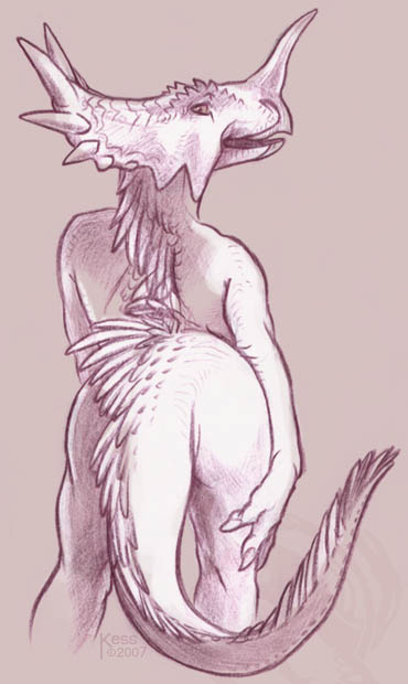 ambiguous_gender anthro butt dinosaur horn kess looking_at_viewer looking_back monochrome plain_background scalie syntarsis