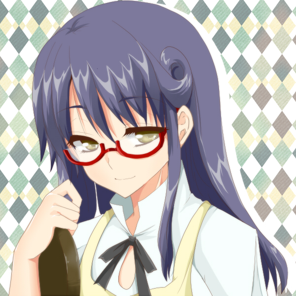 argyle argyle_background bad_id bad_pixiv_id black_hair brown_eyes glasses long_hair matsumoto_maya red-framed_eyewear saitou_ikura semi-rimless_eyewear solo tray under-rim_eyewear working!!