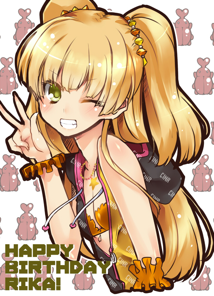bad_id bad_pixiv_id beetle blonde_hair blush breasts bug character_name cleavage green_eyes grin happy_birthday idolmaster idolmaster_cinderella_girls insect jougasaki_rika long_hair one_eye_closed paopao sleeveless small_breasts smile solo two_side_up v very_long_hair