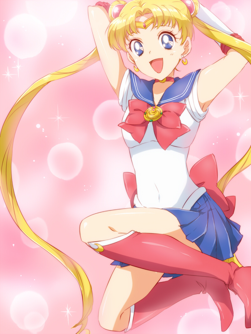 back_bow bishoujo_senshi_sailor_moon blonde_hair blue_eyes blue_sailor_collar blue_skirt boots bow choker double_bun earrings elbow_gloves gloves hair_ornament jewelry knee_boots long_hair magical_girl maruki_(punchiki) open_mouth red_bow red_choker sailor_collar sailor_moon sailor_senshi_uniform skirt smile solo tiara tsukino_usagi twintails white_gloves