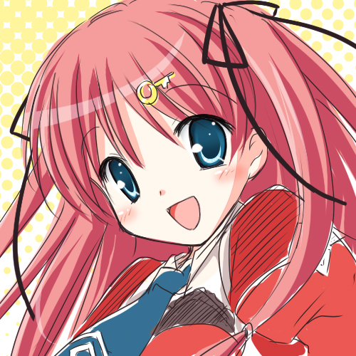 blush copyright_request hair_ribbon long_hair looking_at_viewer lowres necktie open_mouth pink_hair ribbon smile solo yuyi