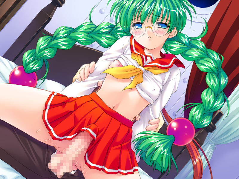 blue_eyes blush braid breasts censored closed_mouth curtains dutch_angle fang galzoo_island glasses green_hair grinding hair_bobbles hair_ornament head_tilt imminent_sex imminent_vaginal indoors kotodama kuroda_akimi looking_at_viewer midriff navel pleated_skirt school_uniform skirt small_breasts solo_focus stomach twin_braids twintails