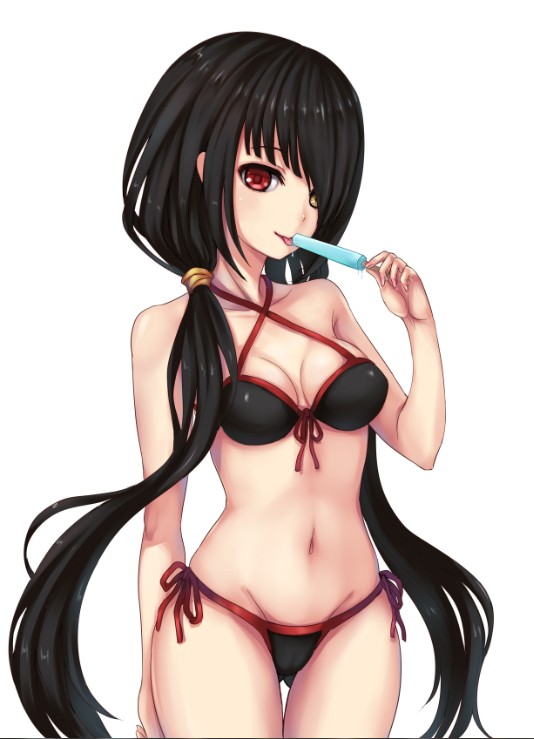 bikini black_hair cameltoe date_a_live food front-tie_top gyakushuu_no_hoshiumi hair_over_one_eye heterochromia long_hair md5_mismatch navel popsicle red_eyes side-tie_bikini solo swimsuit thigh_gap tokisaki_kurumi twintails yellow_eyes