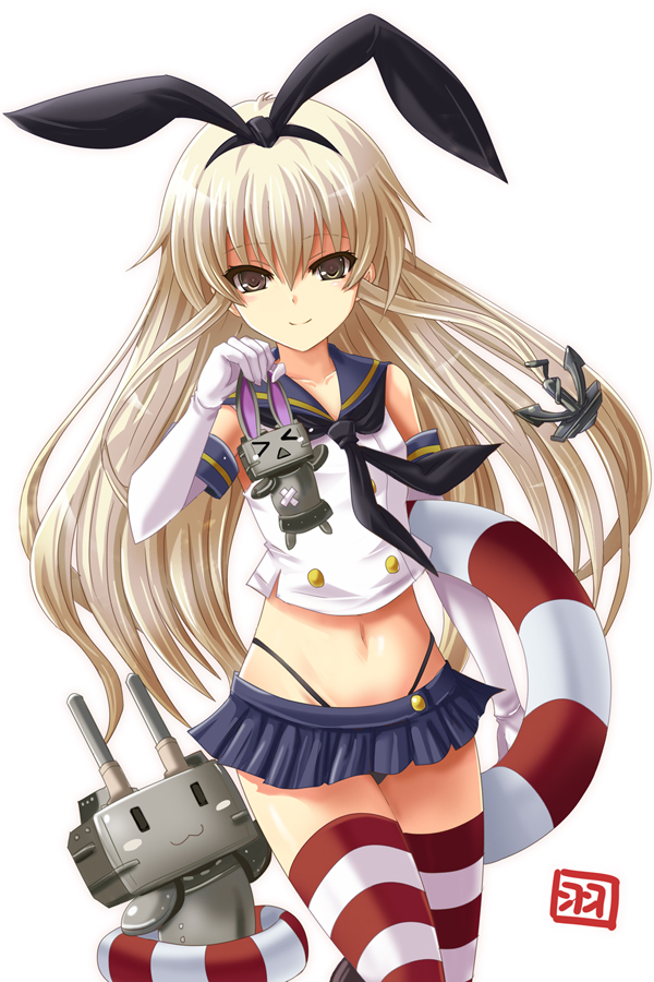 anchor anchor_hair_ornament blonde_hair brown_eyes elbow_gloves gloves hair_ornament hairband haura_akitoshi kantai_collection lifebuoy long_hair looking_at_viewer midriff navel rensouhou-chan shimakaze_(kantai_collection) simple_background smile solo striped striped_legwear thighhighs white_background