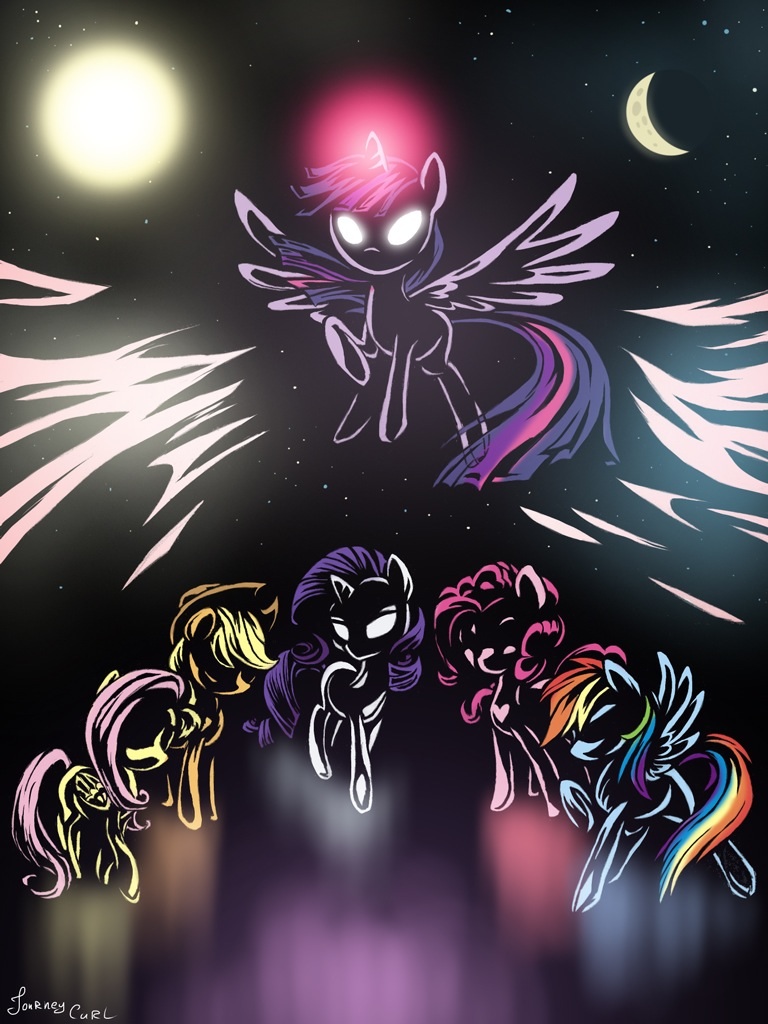 equine female feral fluttershy_(mlp) friendship_is_magic glowing glowing_eyes group horn horse journeycurl mammal moon my_little_pony pinkie_pie_(mlp) pony rainbow_dash_(mlp) rarity_(mlp) space stars sun twilight_sparkle_(mlp) unicorn winged_unicorn wings