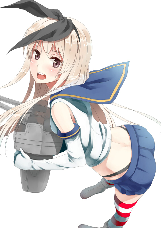 blonde_hair blush body_mahattaya_ginga brown_eyes elbow_gloves gloves hairband kantai_collection long_hair looking_at_viewer midriff open_mouth rensouhou-chan shimakaze_(kantai_collection) simple_background skirt solo striped striped_legwear thighhighs white_background