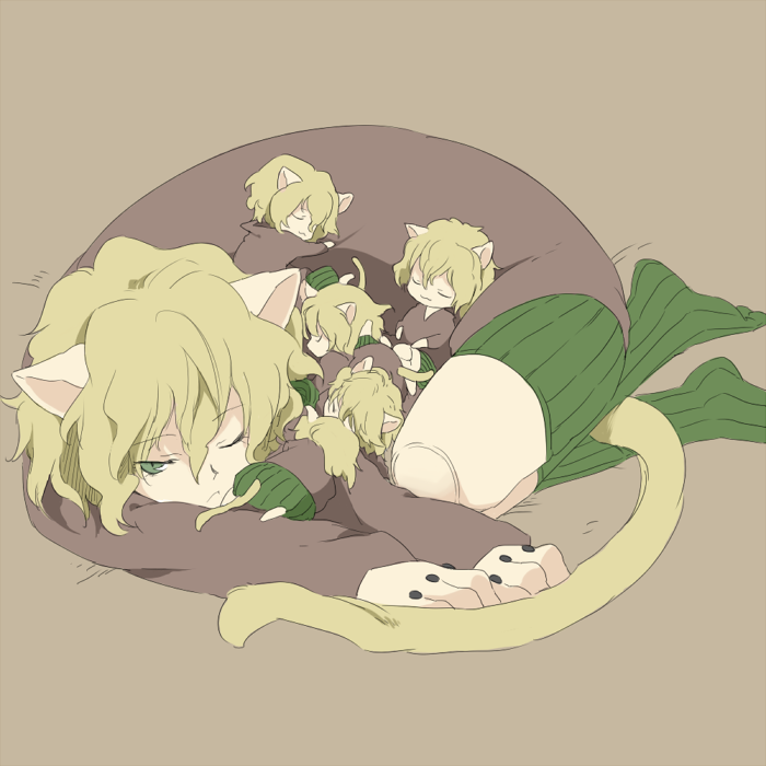 androgynous animal_ears brown_hair cat_ears curly_hair family green_eyes hunter_x_hunter if_they_mated izatama neferpitou one_eye_closed short_hair sleeping tail