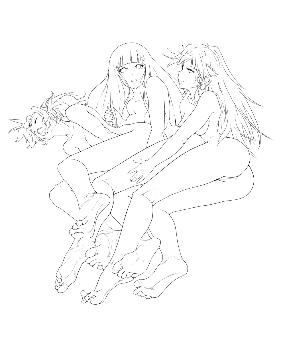 ass bangs barefoot blunt_bangs breasts demon_girl earrings feet fff_threesome fingering girl_sandwich greyscale group_sex highres hoop_earrings horn incest jewelry kairuhentai kneesocks_(psg) lineart long_hair love_train medium_breasts moaning monochrome multiple_girls nude open_mouth panty_&amp;_stocking_with_garterbelt panty_(psg) pointy_ears ponytail pussy sandwiched siblings sisters soles stocking_(psg) straight_hair threesome toes yuri
