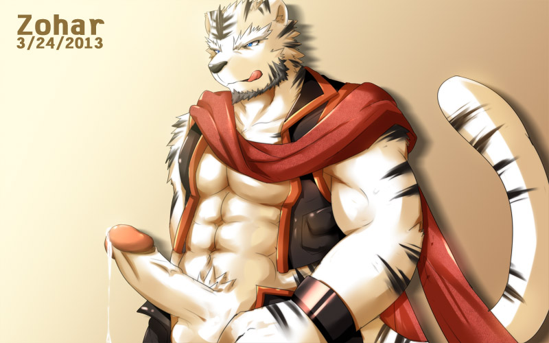abs anthro balls biceps big_muscles big_penis black_fur black_nose blue_eyes body_markings clothing dripping erection feline fur leaking male mammal markings muscles nipples open_shirt pecs penis plain_background precum presenting robe shirt solo standing stripes tiger tongue tongue_out vein white_fur white_tiger zoharwolf