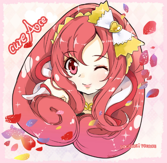 ;) bad_id bad_pixiv_id bow character_name copyright_name cure_ace dokidoki!_precure face hair_bow heart lipstick long_hair madoka_aguri magical_girl makeup one_eye_closed petals precure red_eyes red_hair smile solo yukinami_(paru26i)