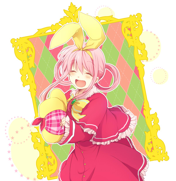 blush bow capelet dress hair_ribbon hairband hat hat_removed headwear_removed holding holding_hat long_hair open_mouth pink_dress pink_hair ribbon sherlock_shellingford smile solo standing takana tantei_opera_milky_holmes twintails