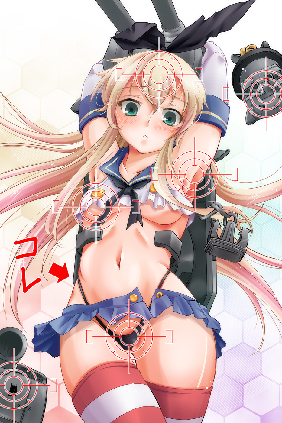 :&lt; anchor anchor_hair_ornament arms_up black_panties blonde_hair blue_eyes blush breasts elbow_gloves gloves hair_ornament hairband highres kantai_collection long_hair looking_at_viewer navel panties rensouhou-chan shimakaze_(kantai_collection) skirt small_breasts solo striped striped_legwear target thighhighs tsukineko turret unbuttoned underboob underwear white_gloves