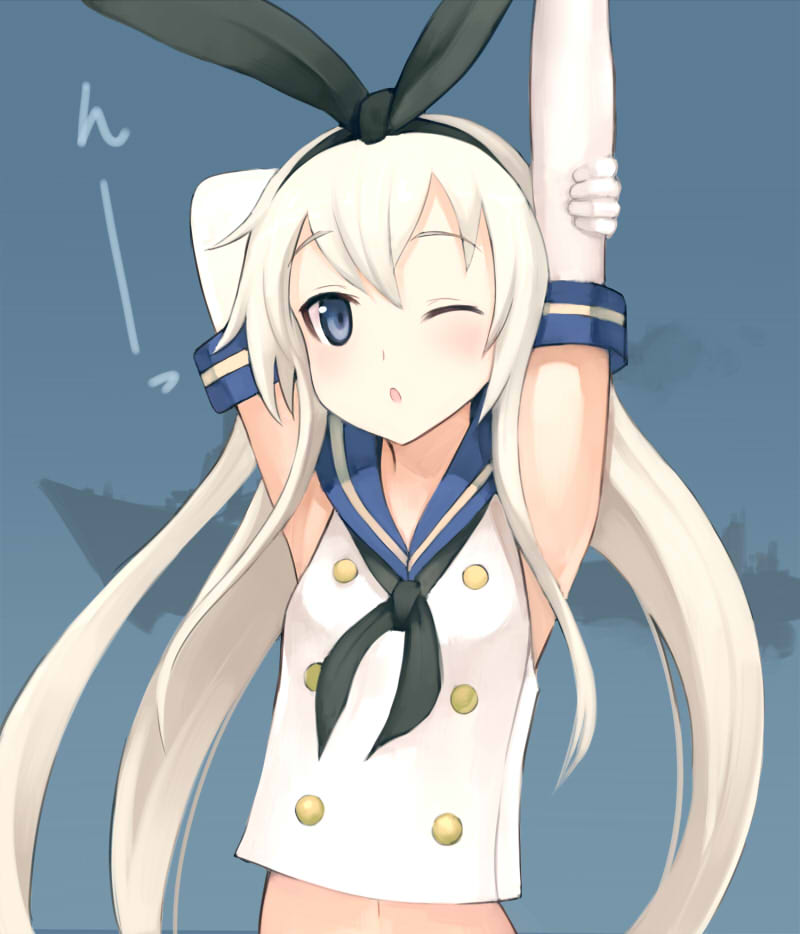 ;o arm_up arms_up black_neckwear blonde_hair blue_eyes blush elbow_gloves gloves hair_ribbon hairband kantai_collection keemu_(occhoko-cho) long_hair looking_at_viewer navel neckerchief one_eye_closed open_mouth ribbon shimakaze_(kantai_collection) solo stretch upper_body white_gloves