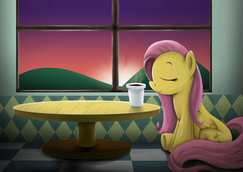 coffee cutie_mark equine evening eyes_closed feathers female feral fluttershy_(mlp) friendship_is_magic hair high-roller2108 horse long_hair my_little_pony pegasus pink_hair pony sitting smile solo sunset table window wings yellow_fur