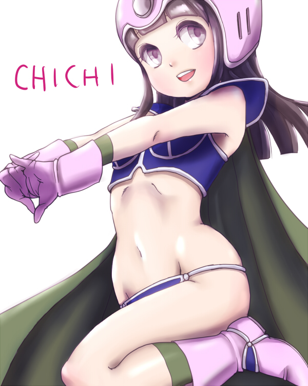 1girl armor bangs bikini_armor black_eyes black_hair boots cape chi-chi_(dragon_ball) chichi dragon_ball female gloves helmet long_hair looking_at_viewer minohoimi navel open_mouth simple_background smile solo white_background