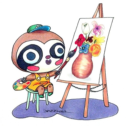 1boy bob_ross doubutsu_no_mori easel flower hat lazy_(doubutsu_no_mori) paintbrush painting palette parody sloth_(animal) vase