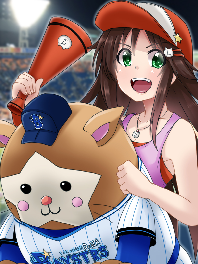 :3 baseball_stadium baseball_uniform blush brown_hair cat collarbone green_eyes hair_ornament hairclip hat himekawa_yuki idolmaster idolmaster_cinderella_girls long_hair open_mouth short_sleeves sleeveless solo sportswear star stuffed_animal stuffed_toy yunodon_(sugar_maple)