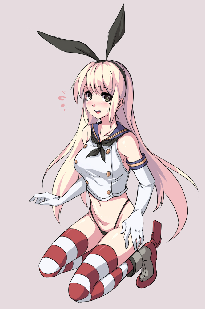 black_panties blonde_hair blush brown_eyes crop_top crop_top_overhang elbow_gloves flying_sweatdrops gloves hairband kantai_collection kneeling long_hair looking_at_viewer midriff open_mouth panties saiste shimakaze_(kantai_collection) simple_background solo striped striped_legwear sweatdrop tears thighhighs underwear white_gloves