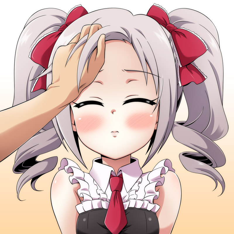 blush bow closed_eyes drill_hair forehead frills hair_bow hands hands_on_another's_face hands_on_another's_head idolmaster idolmaster_cinderella_girls kanzaki_ranko necktie open_mouth silver_hair sleeveless twintails uraichishi