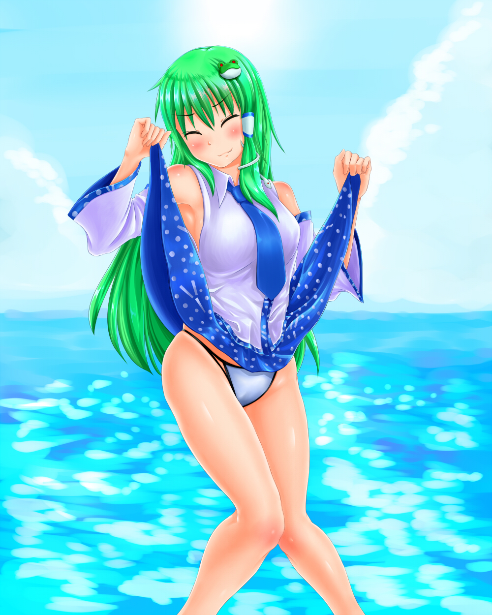 bikini bikini_bottom blue_sky blush closed_eyes cloud cloudy_sky day detached_sleeves dominico frog_hair_ornament green_eyes green_hair hair_ornament hair_tubes highres kochiya_sanae long_hair ocean panties skirt skirt_lift sky snake snake_hair_ornament solo sun sunlight swimsuit touhou underwear water