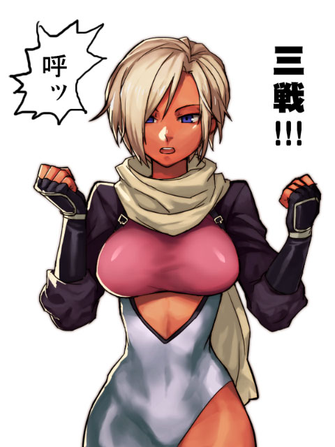 alternate_color armor asymmetrical_clothes asymmetrical_legwear blonde_hair blue_eyes bodysuit breasts dark_skin hair_over_eyes hattori_hanzo_uruka japanese_armor kote large_breasts ninja scarf short_hair solo translation_request xiz yatagarasu_(game)